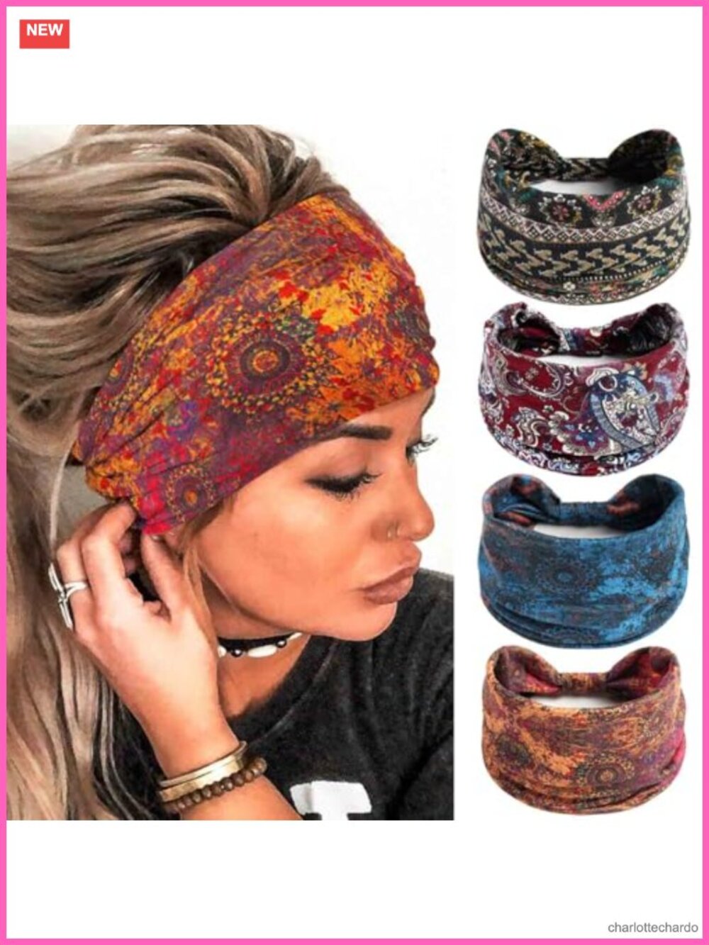 Wide Boho Floral Stretch Headbands 4Pc Polyester Spandex Knotted Turban